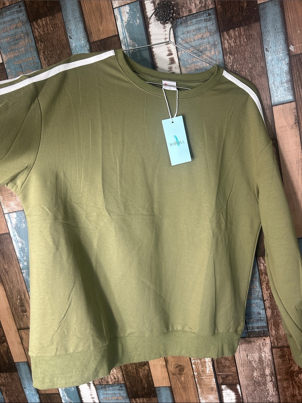 Army green white striped sleeve oversized sweatshirt - Picture 6 of 12